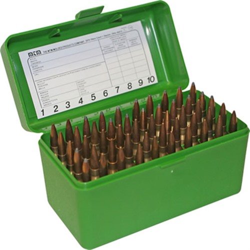 FLIP TOP RIFLE AMMO BOXES - MTM CASE-GARD FLIP TOP RIFLE AMMO BOX 223-RUGER 6X47 50 ROUND GREEN